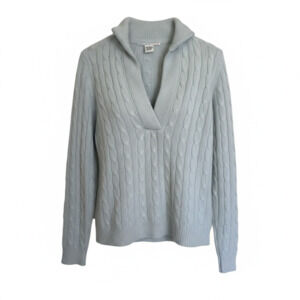 Evelyn Grace 100% Cashmere Cable Knit Collared V-Neck Sweater Size M